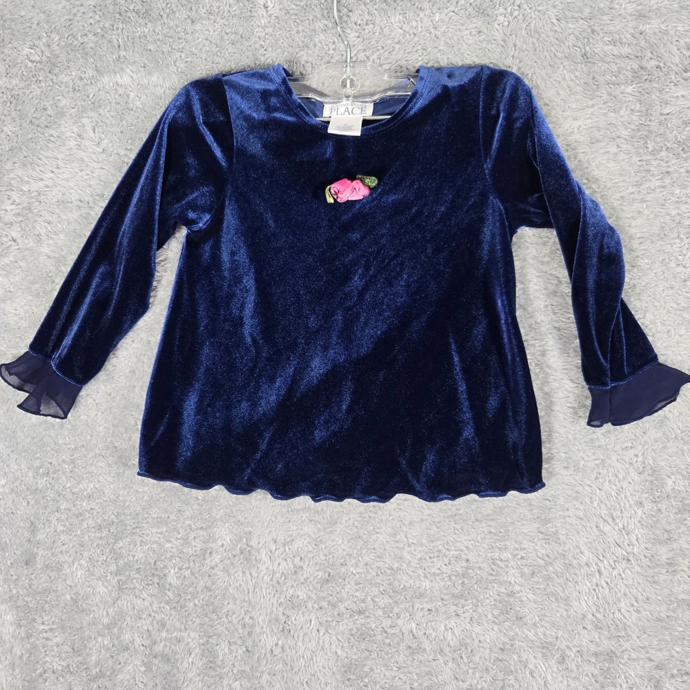The Children's Place Navy Blue Velvet Floral Rosette Top Girls 3T Long Sleeve